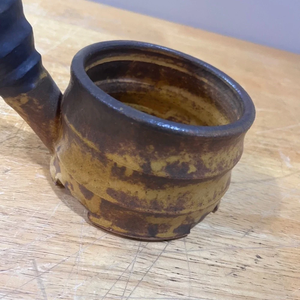 M. Bowen Studio Pottery Brutalist Stoneware‎ Candle Holder Vtg Mustard Brown
